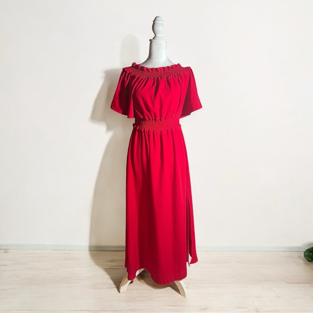 Zara Red Smoked Flutter Sleeve Maxi Dress